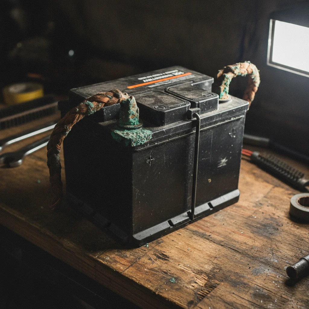 Car battery with corroded terminals and swollen case on a workshop bench