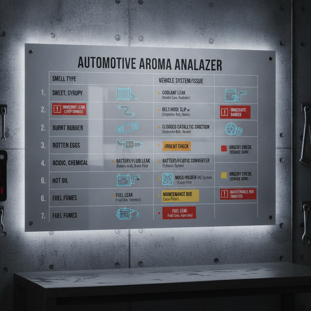 Diagnostic reference chart mapping car burning smells to vehicle systems and urgency levels