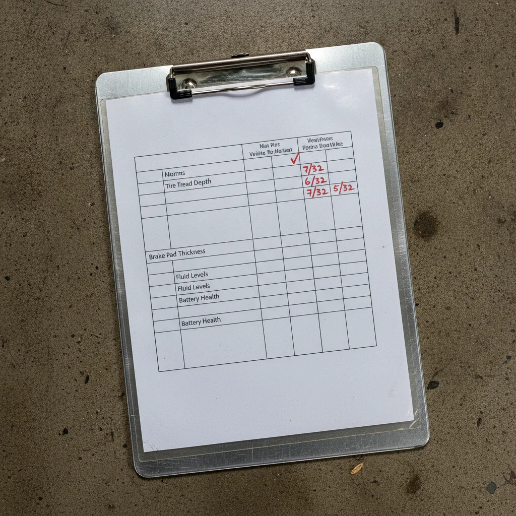 Completed CPO multi-point inspection checklist on a clipboard with handwritten measurements and checkmarks