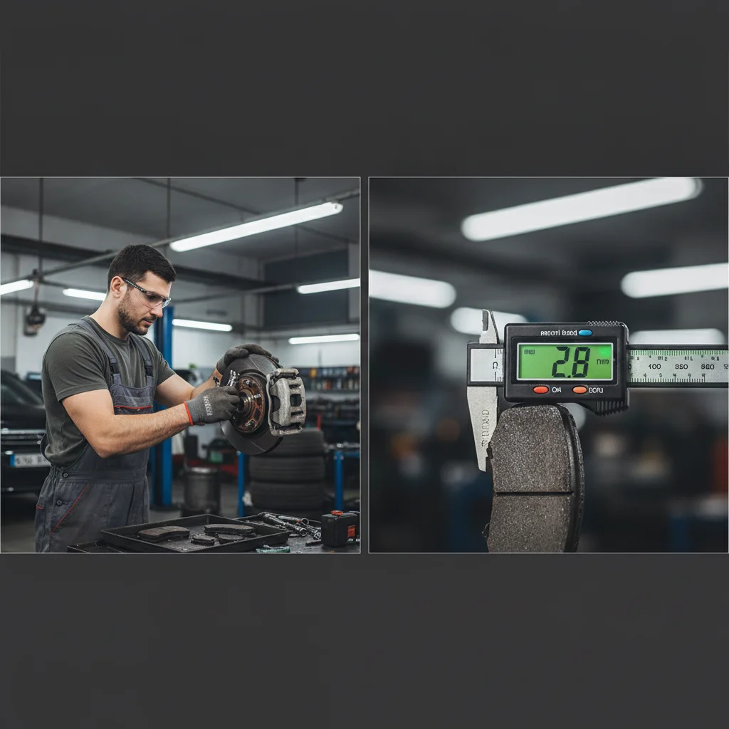 Mechanic replacing brake pads on the left and a digital brake pad thickness gauge measurement on the right