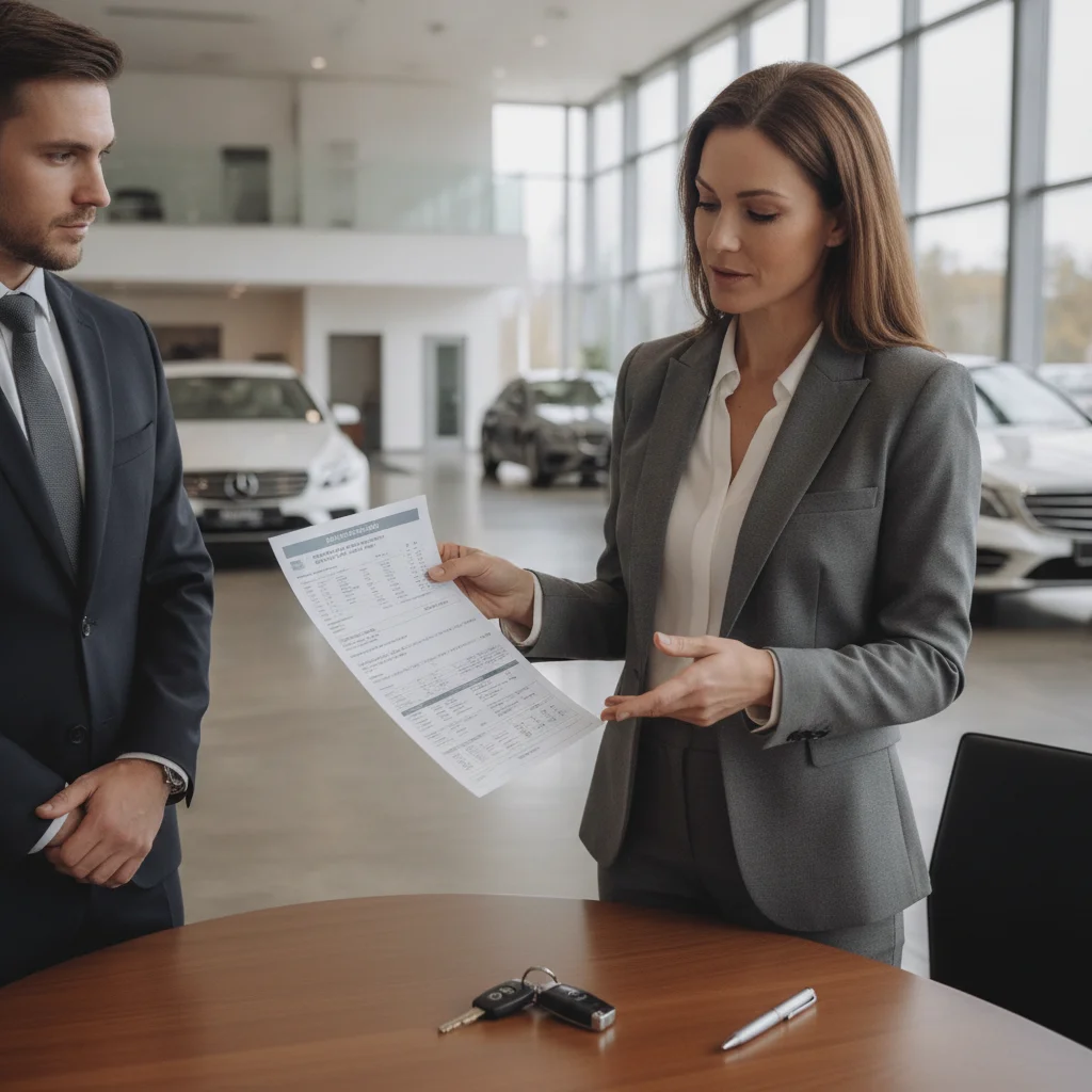 Car buyer reviewing a printed CPO inspection report at a dealership desk with keys and pen nearby