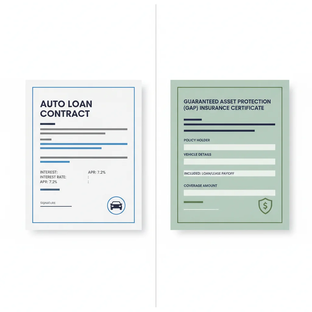 Car loan document alongside a gap insurance certificate showing the financial connection between the two