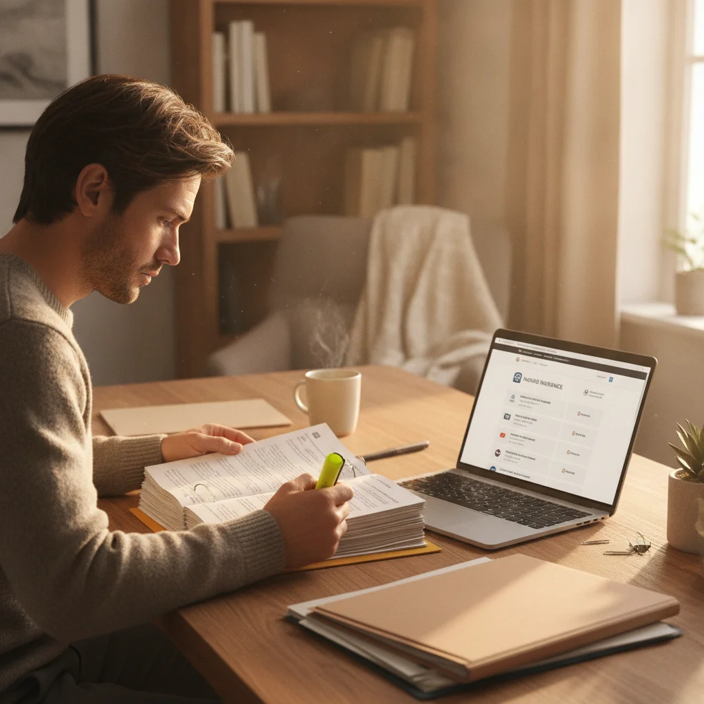 Person carefully reviewing auto insurance add-on options with a highlighter at a home office desk