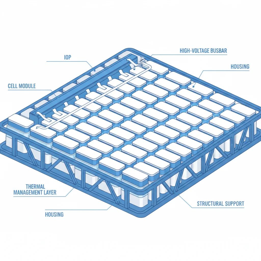 Cross-section diagram of an EV battery pack showing individual cell modules and their arrangement inside the pack