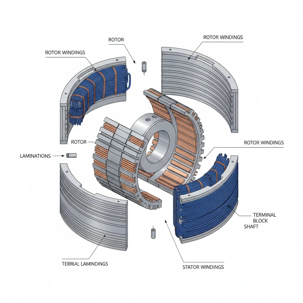 Exploded cutaway view of an electric motor showing rotor stator and copper windings in technical diagram style