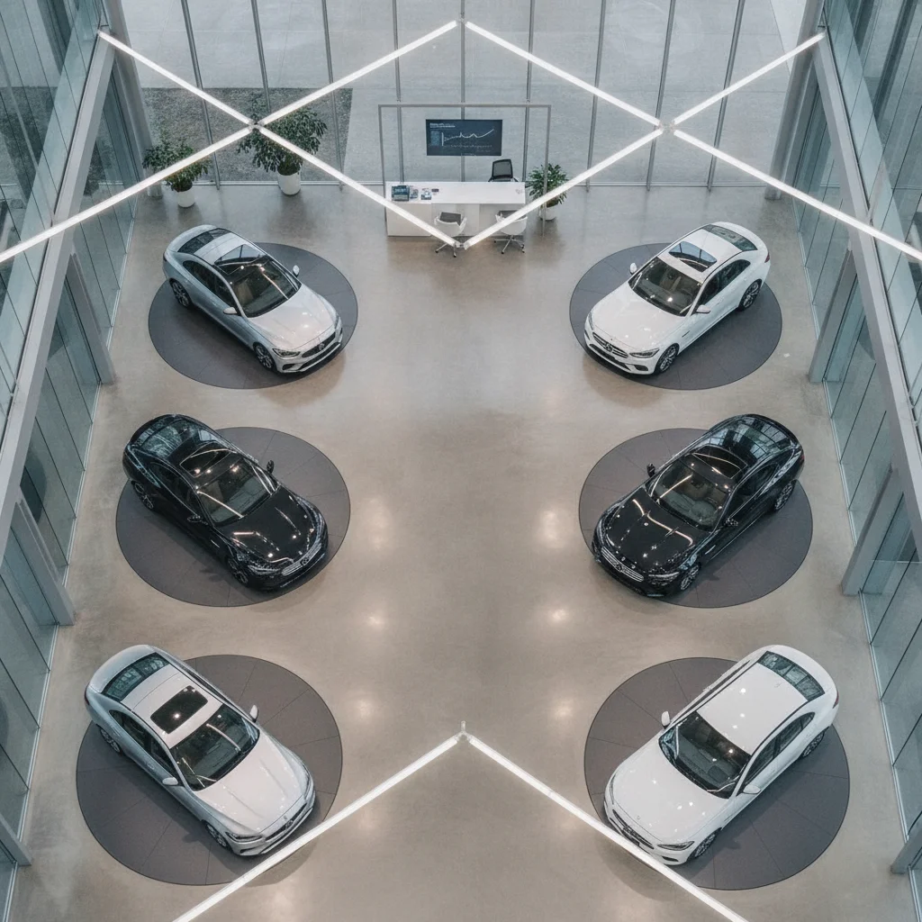 Car dealership showroom floor with vehicles on display and a sales desk in the background