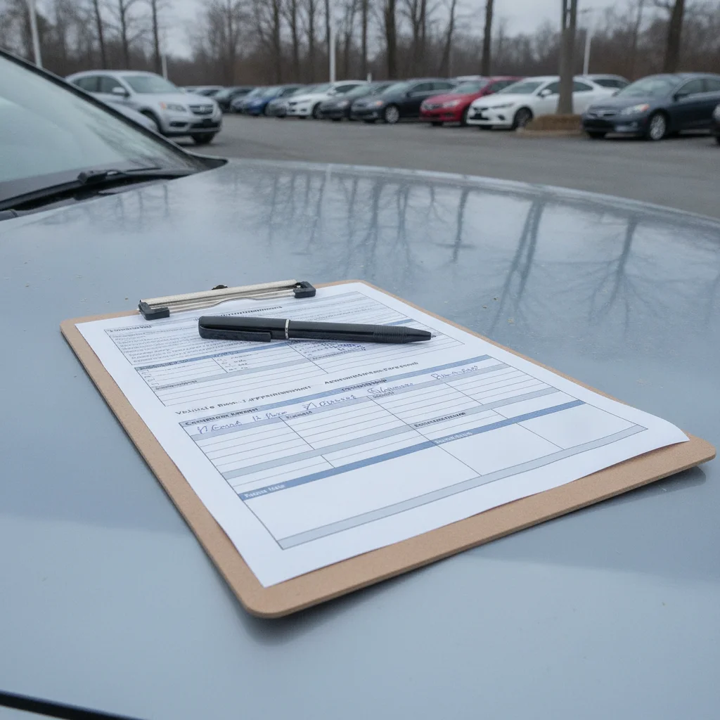 Car appraisal form on a clipboard resting on a vehicle hood at a dealership lot
