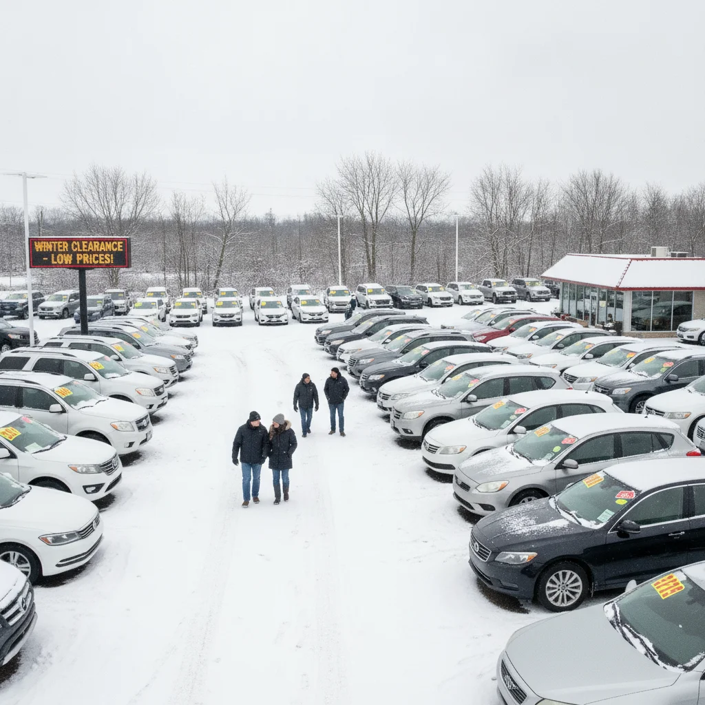 Used car lot in late winter with light snow on the ground and bundled shoppers browsing vehicles
