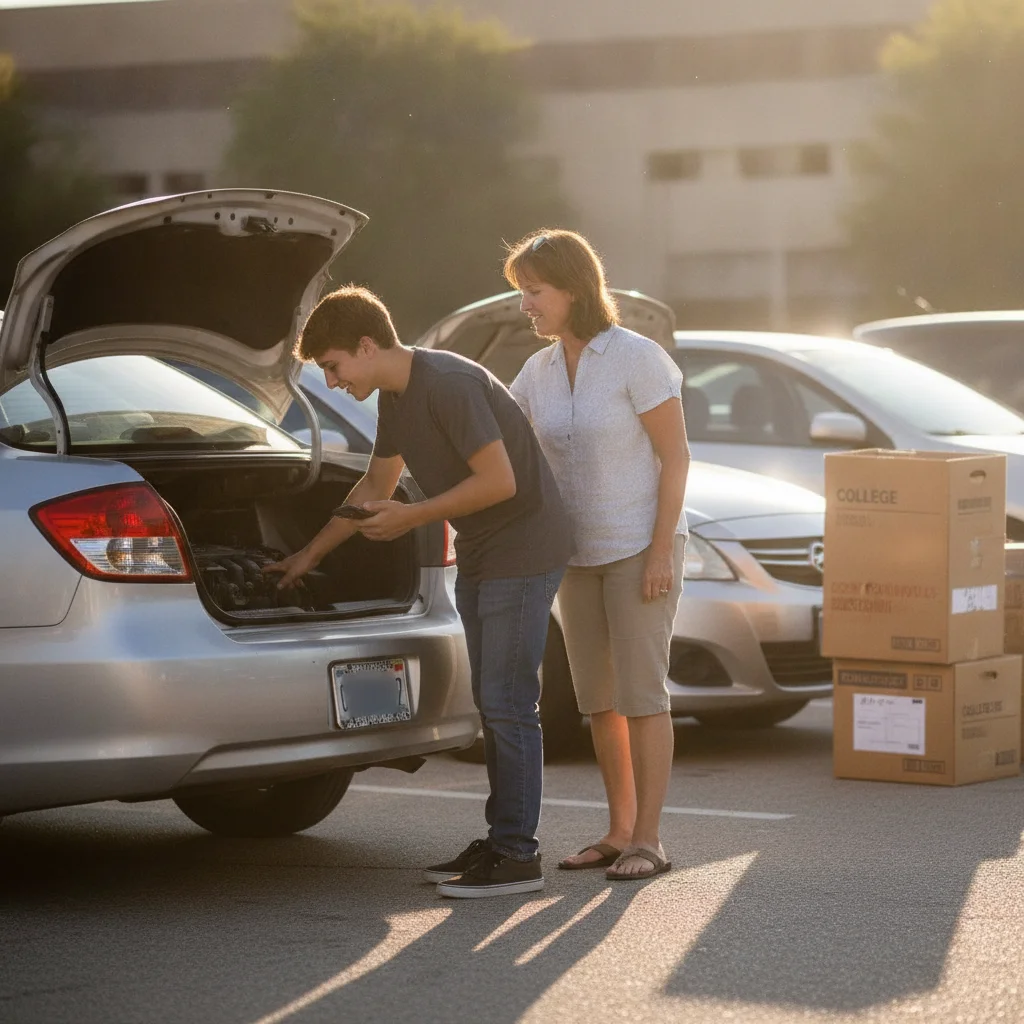 Young adult and parent examining a compact used sedan in a sunny parking lot with moving boxes nearby