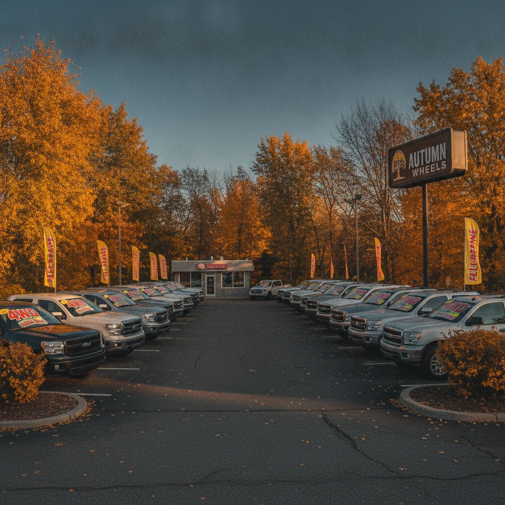 Used truck and SUV lot surrounded by autumn foliage with AWD and 4WD stickers visible on windshields