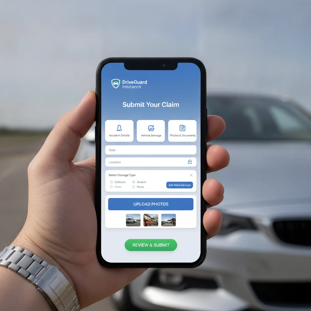 Smartphone showing an auto insurance company's mobile claims app with a claim submission form on screen