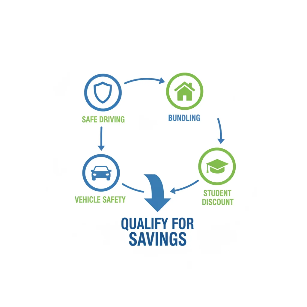 Infographic showing major auto insurance discount categories including safe driving, bundling, vehicle safety, and student discounts