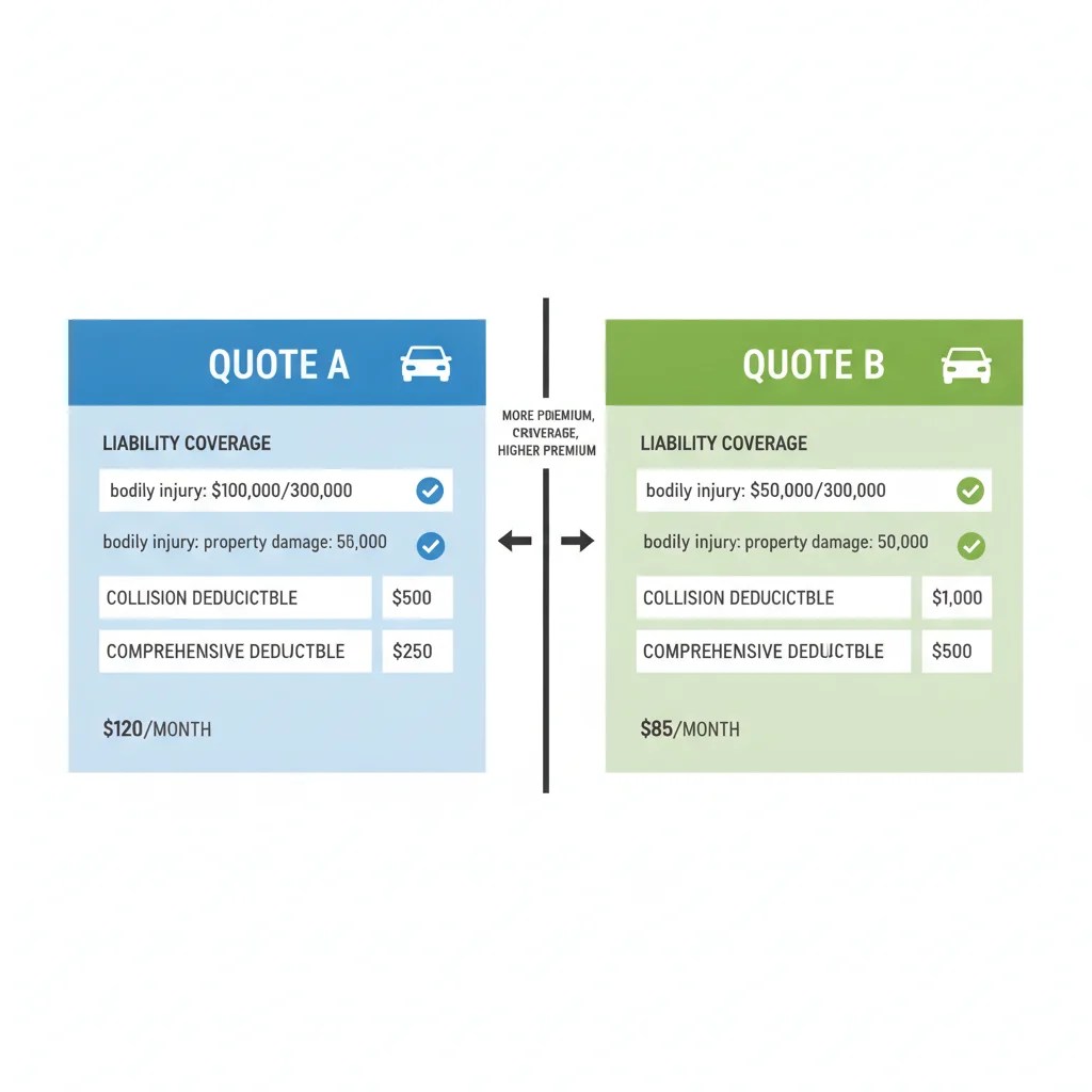 Two auto insurance quote sheets placed side by side showing different coverage limits and deductibles.