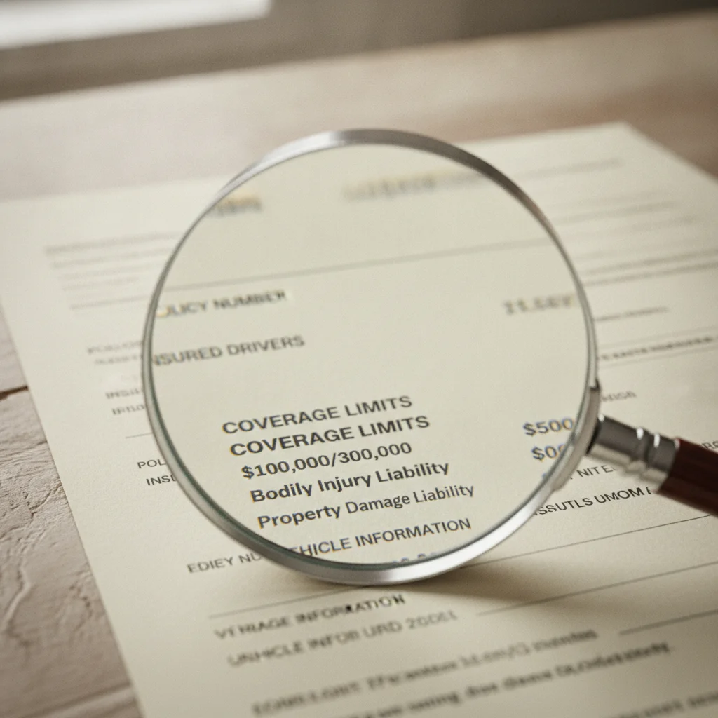 Magnifying glass over a declarations page highlighting coverage limits and deductible figures.