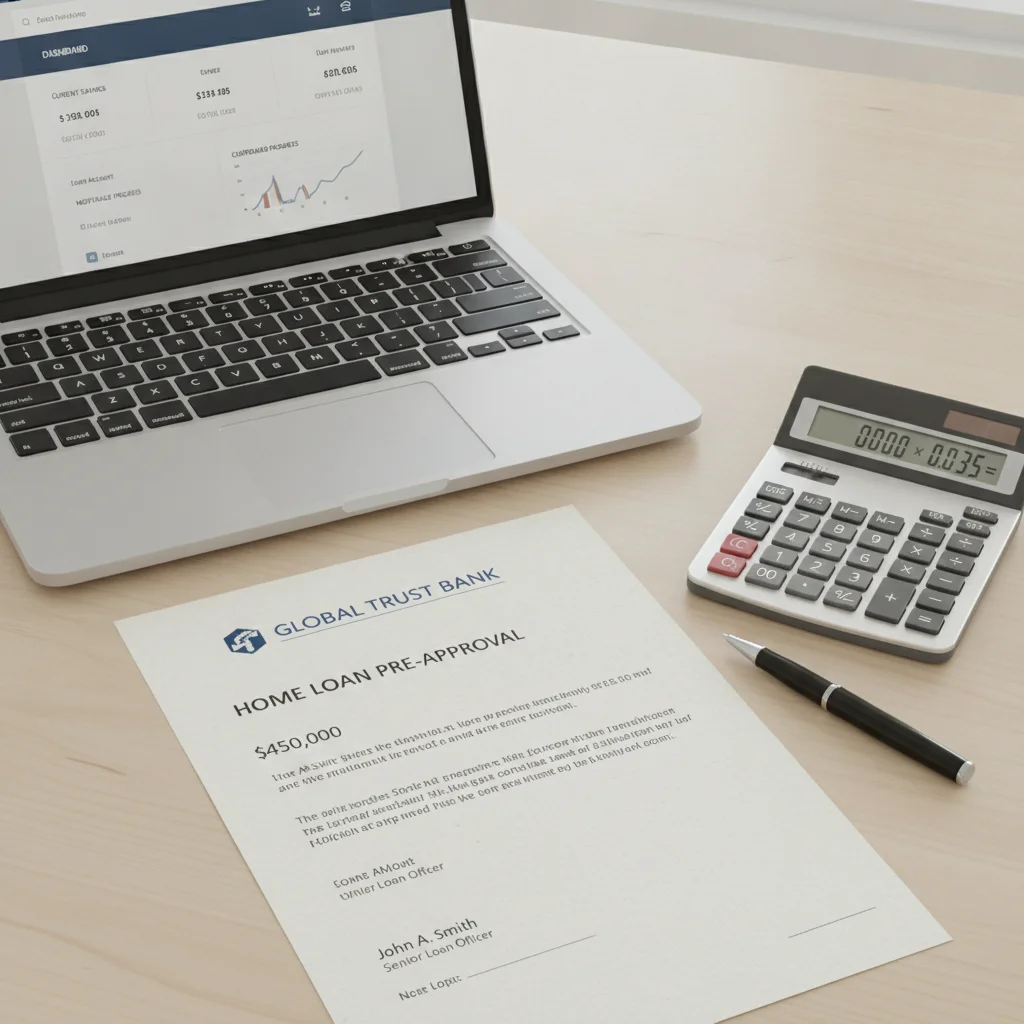 Printed auto loan preapproval letter from a bank alongside a laptop and calculator on a desk