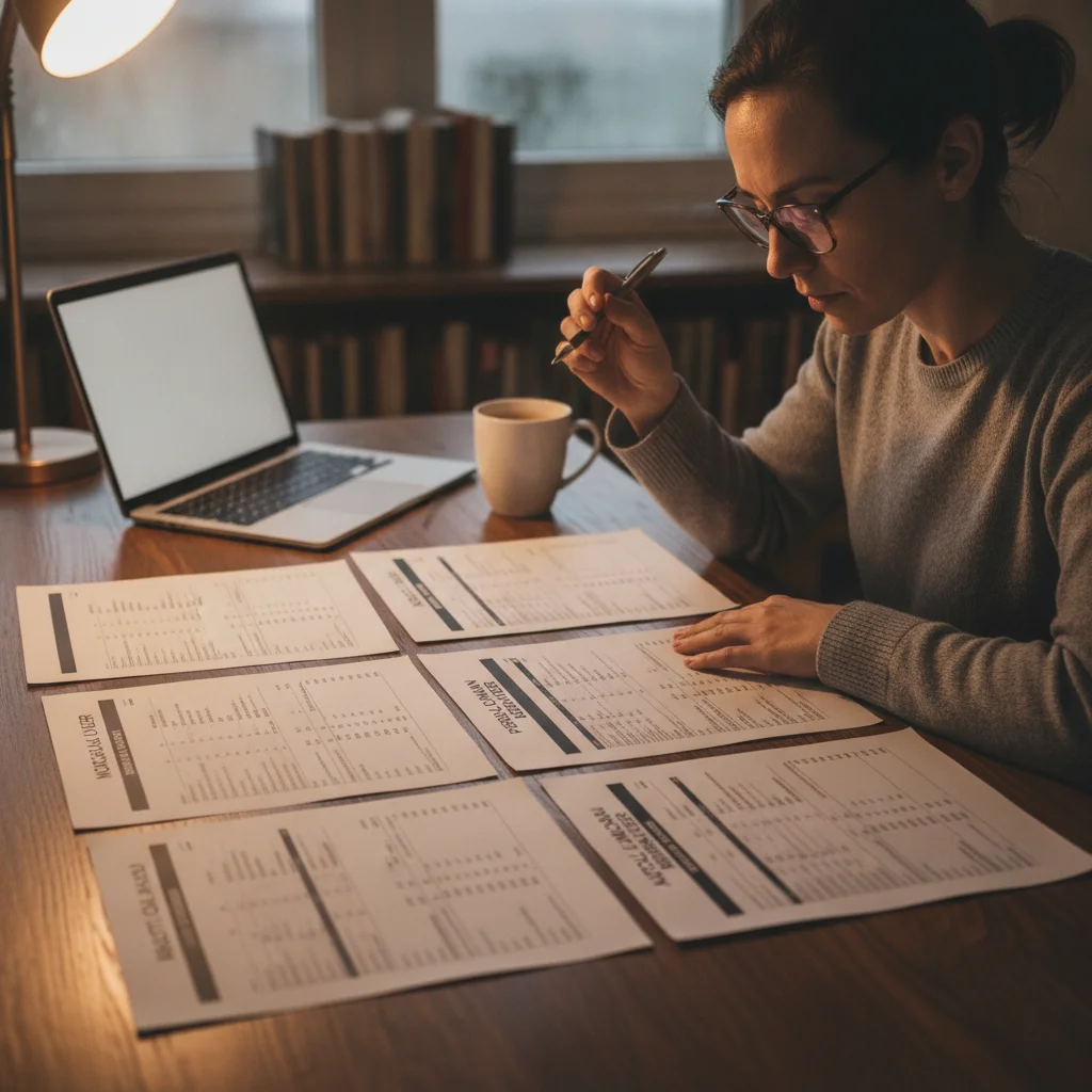 Person comparing multiple auto loan preapproval offer documents on a desk with a pen