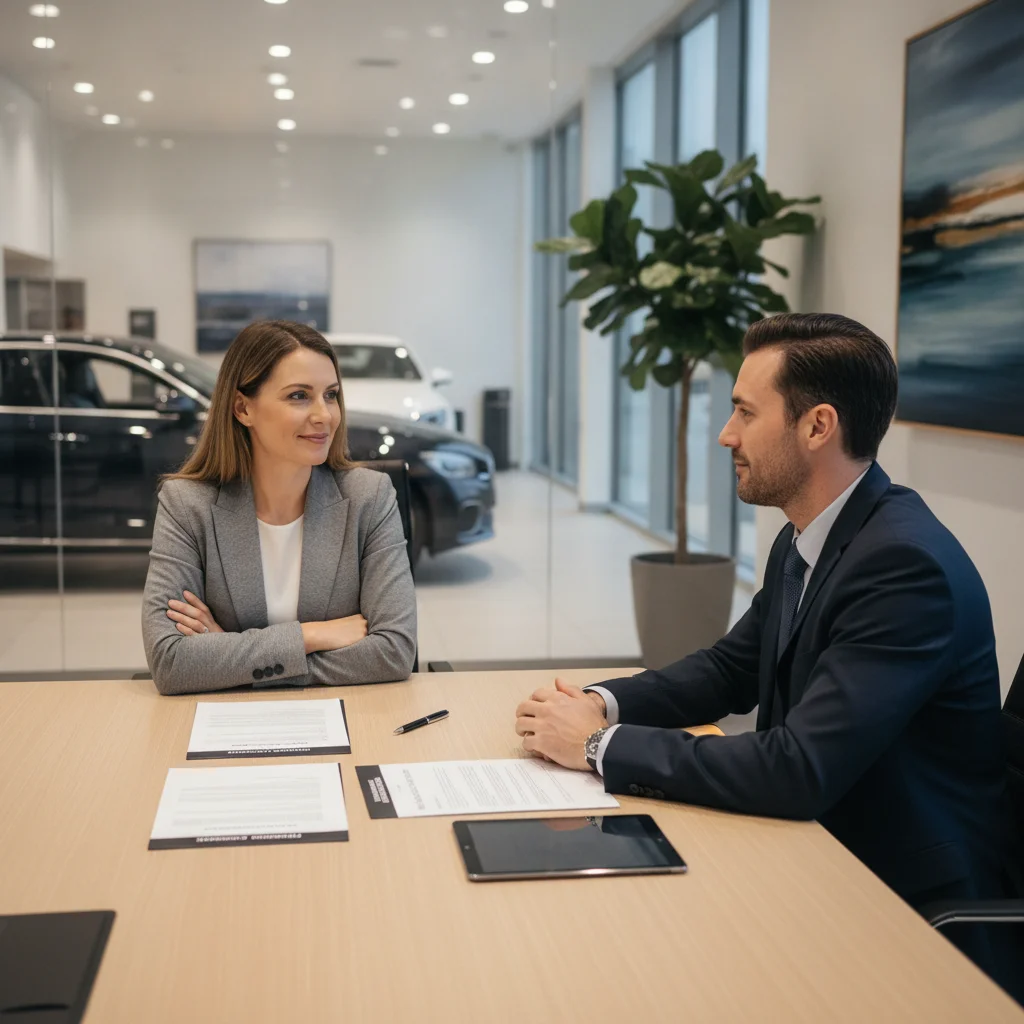 Car buyer negotiating with a dealership finance manager in a modern dealership finance office