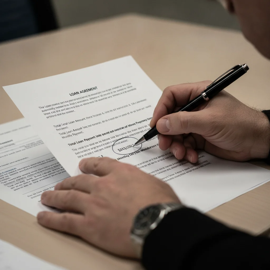 Hands carefully reviewing and highlighting figures in a car loan contract document