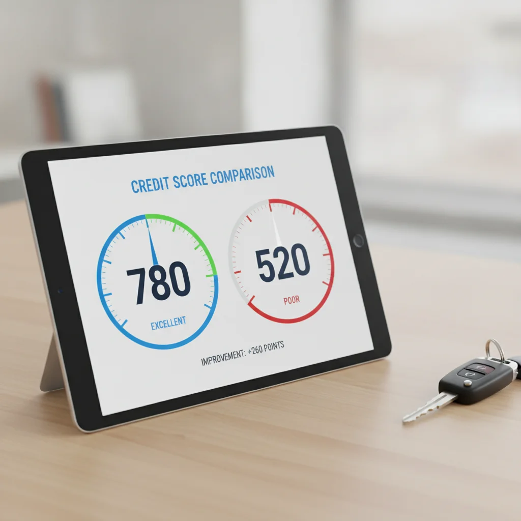 Tablet displaying side-by-side comparison of general credit score and FICO Auto Score dials with different values