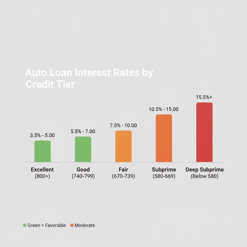 Bar chart showing auto loan APR rates increasing as credit score tiers decrease from super prime to deep subprime