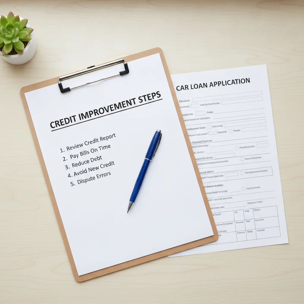 Credit improvement checklist on clipboard alongside auto loan application form on a clean desk