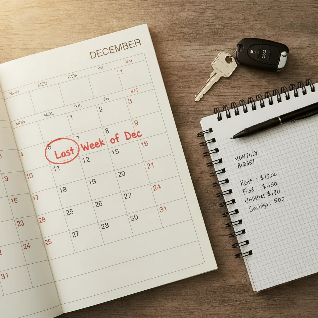 Calendar open to the last week of a month with days circled next to car keys and budget notes.
