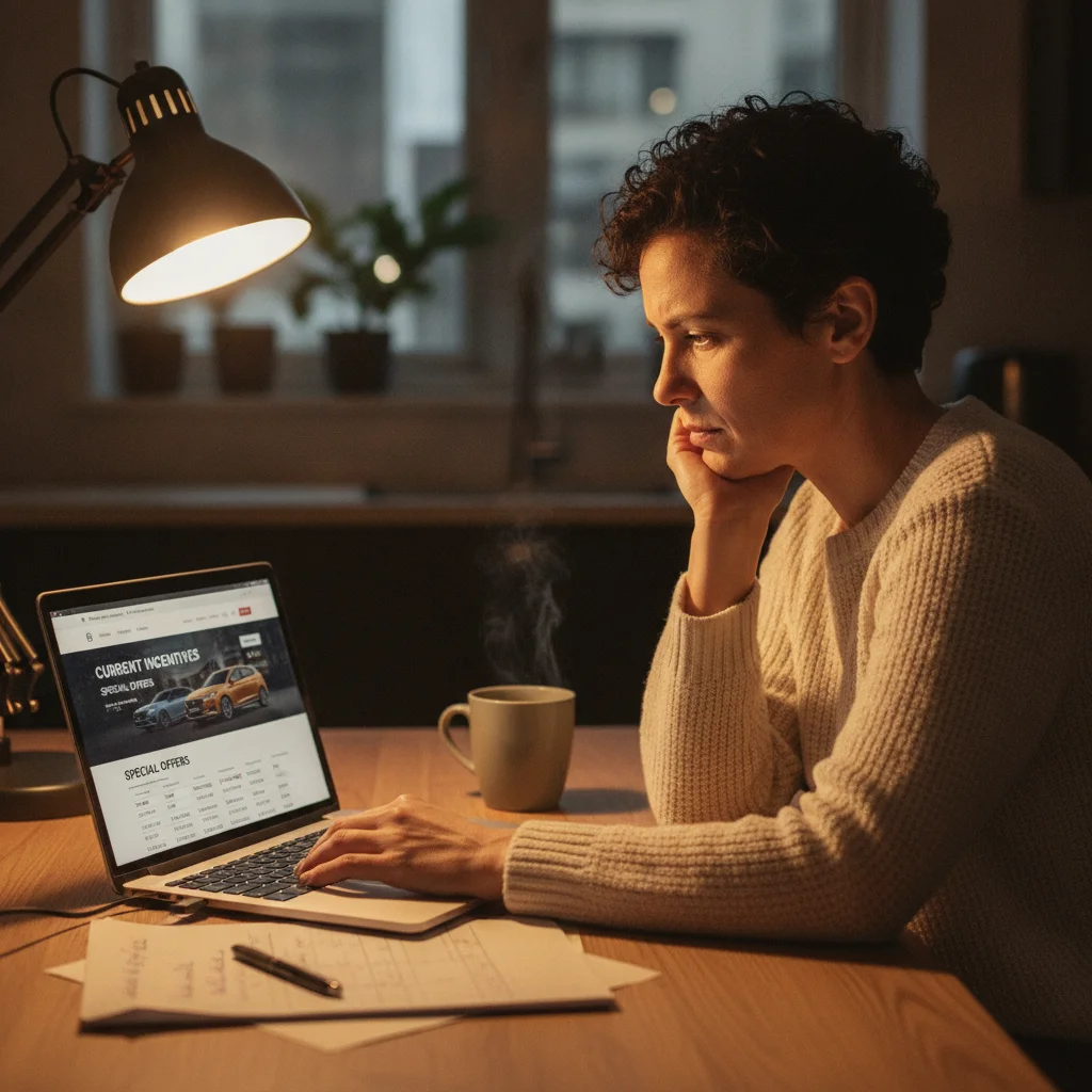 Person researching car manufacturer incentives on a laptop at a kitchen table at night.