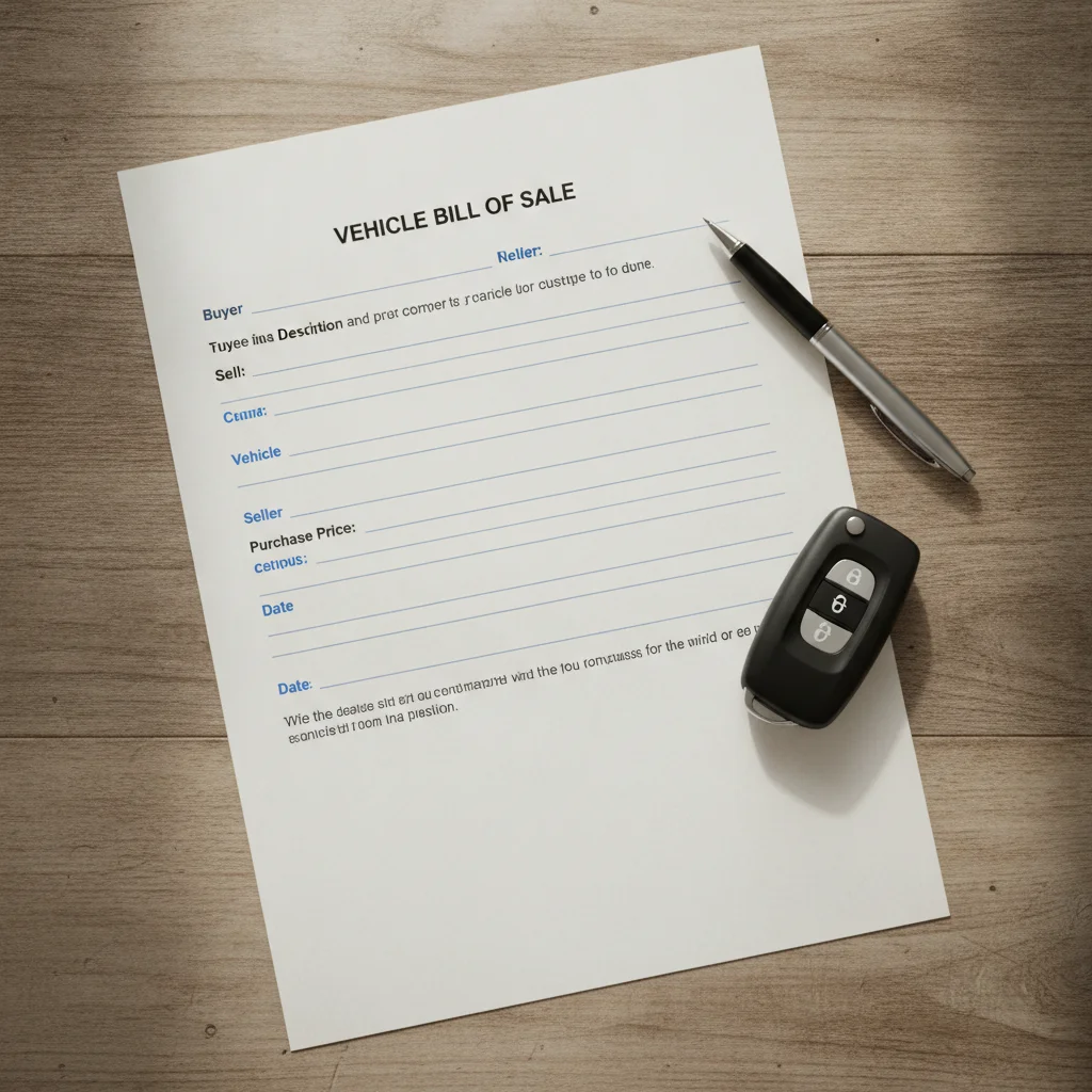 Vehicle bill of sale document on a wooden table next to a car key fob and pen