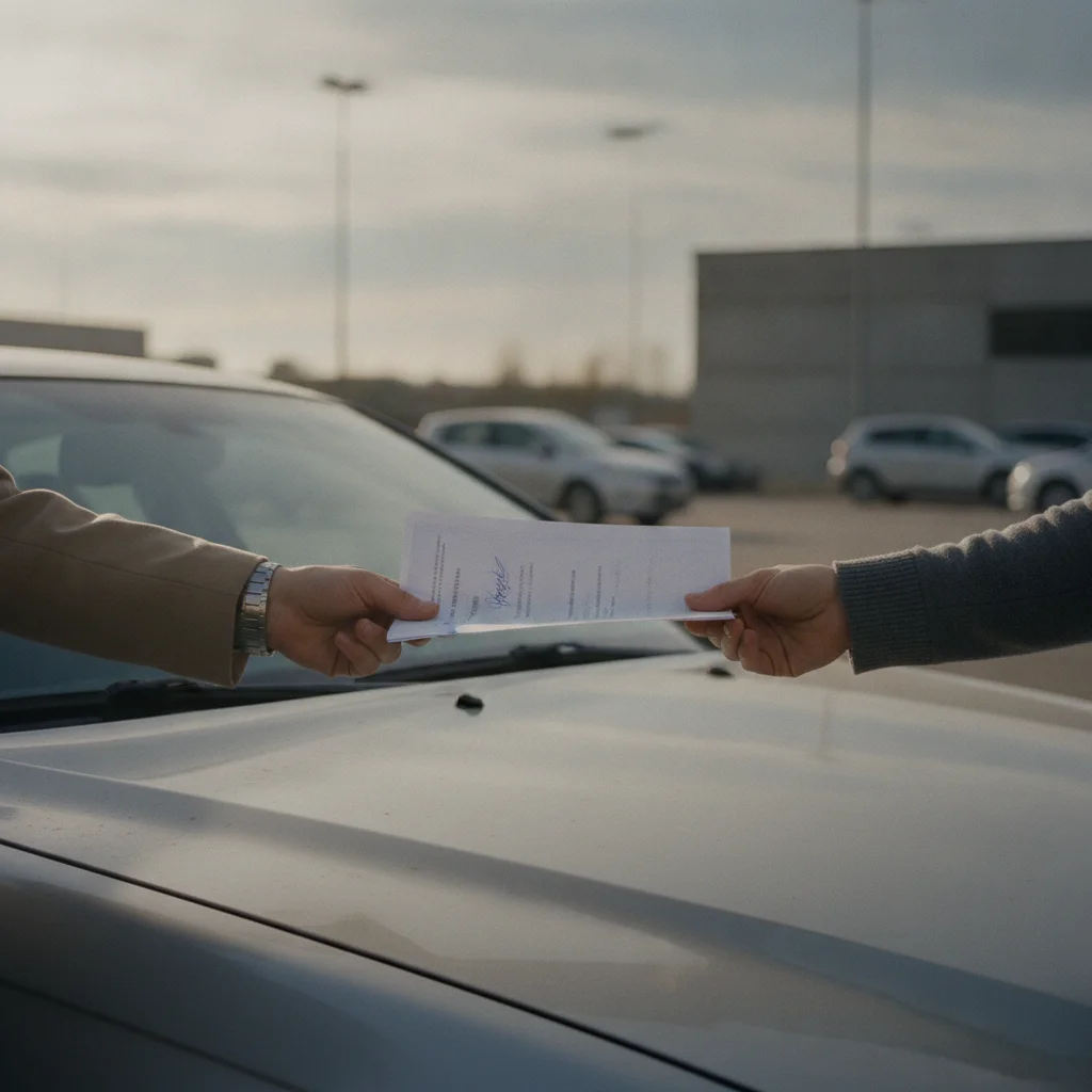 Two people exchanging a signed vehicle document across a car hood in a parking lot