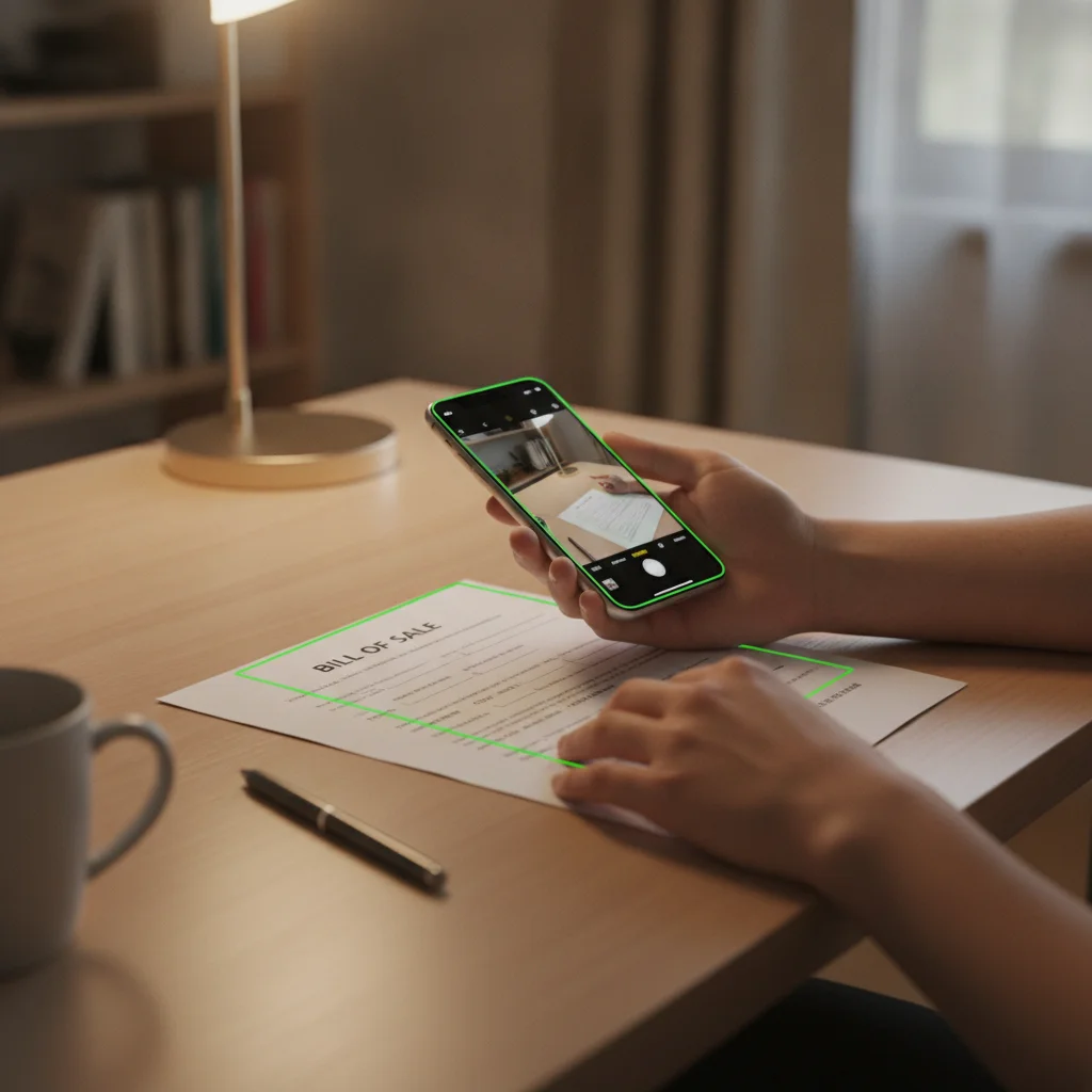 Person scanning a printed bill of sale with a smartphone for digital backup