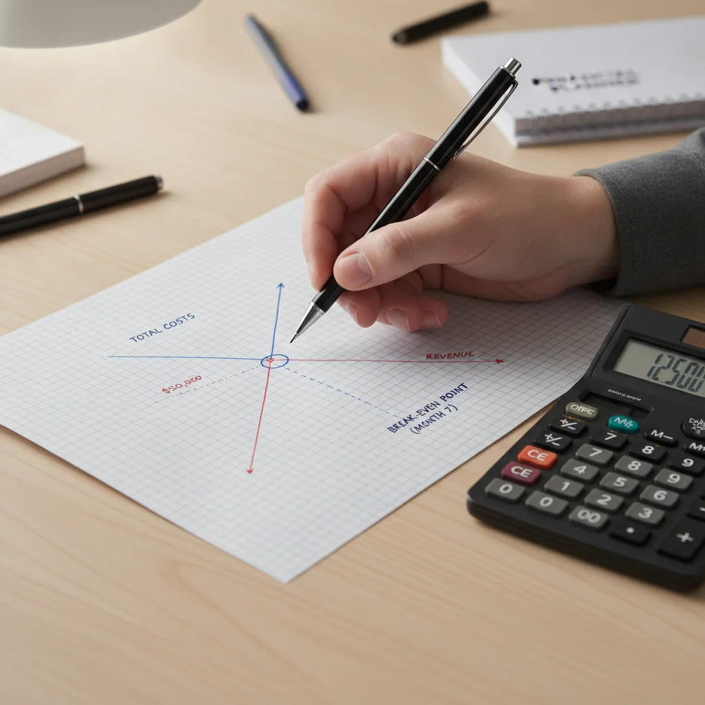 Hand drawing a break-even timeline graph showing two loan cost lines crossing at month eight