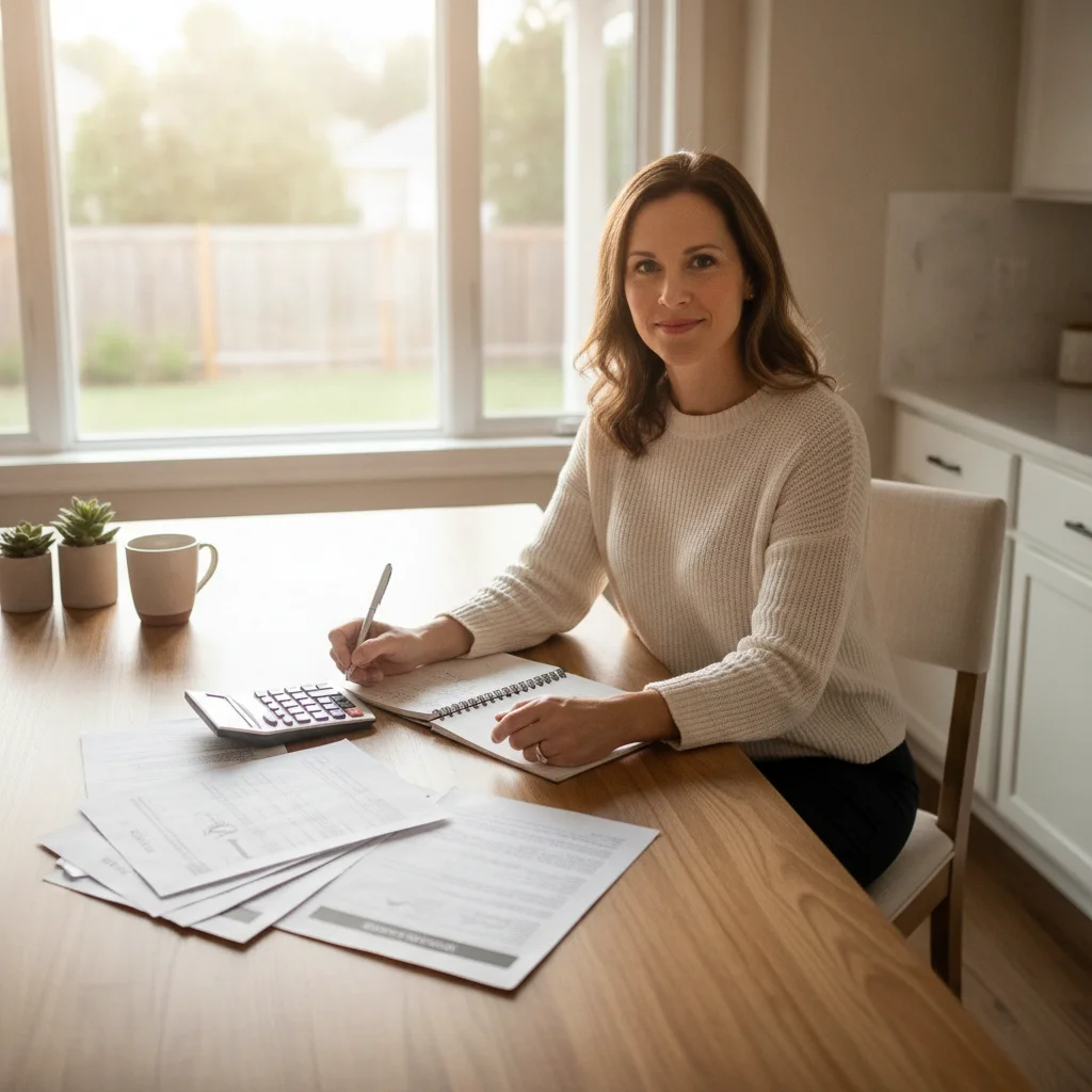 Person at kitchen table reviewing auto loan refinancing documents with a calculator and notepad