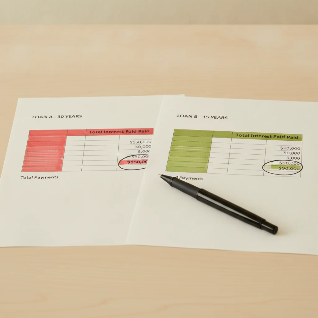 Two printed auto loan amortization schedules side by side with interest totals highlighted for comparison