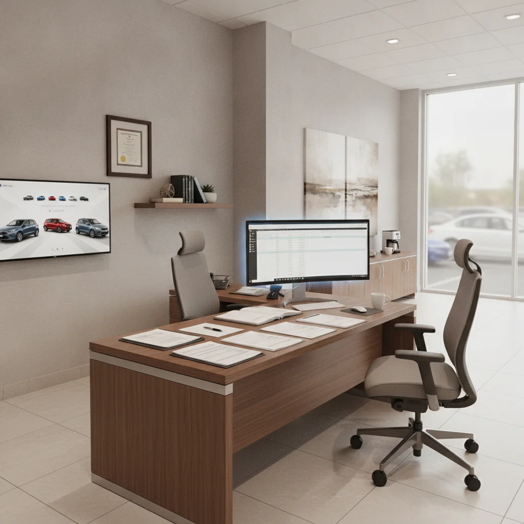 Interior of a car dealership finance office with paperwork on the desk and a glowing computer screen