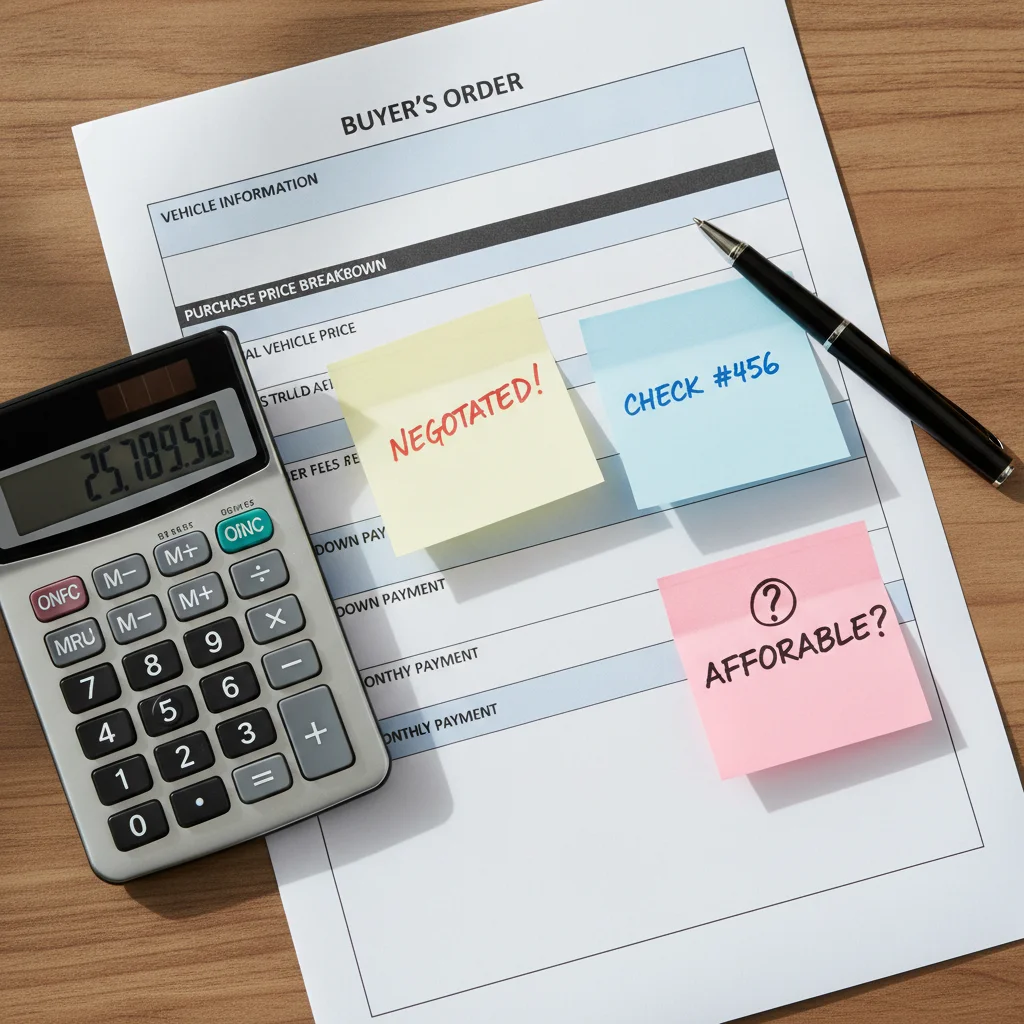 Buyer's order document flat lay with calculator, pen, and sticky notes marking key line items
