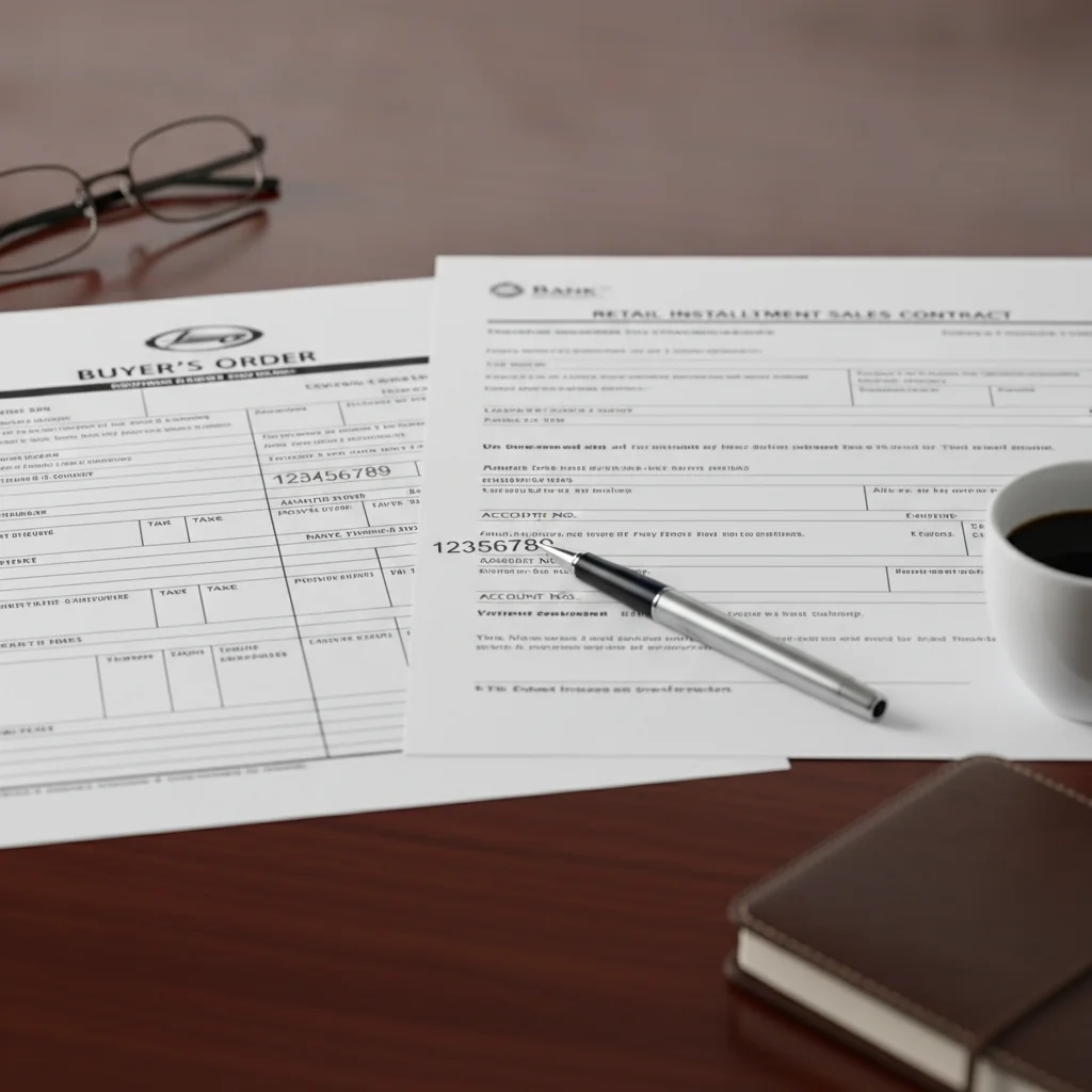 Side-by-side comparison of a buyer's order and retail installment sales contract with matching numbers highlighted