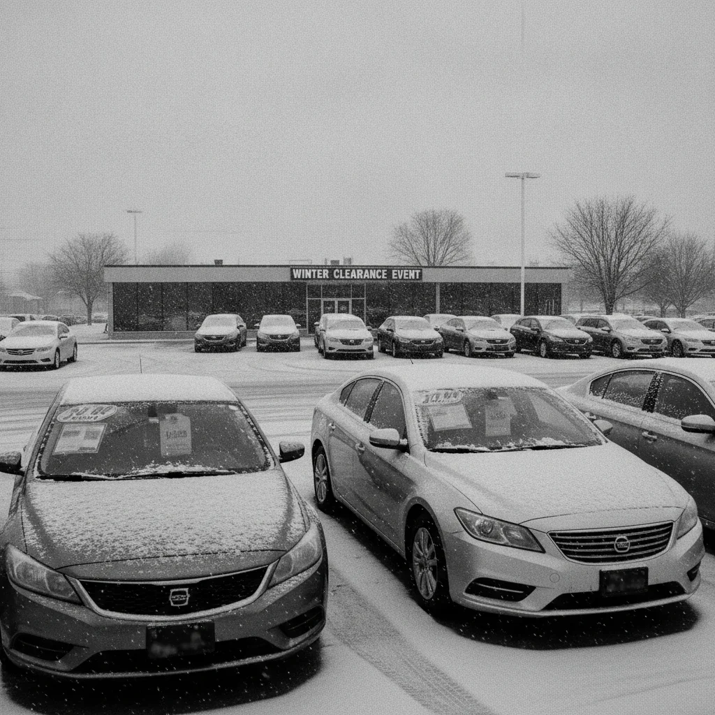 Empty car dealership lot in winter with unsold vehicles and snow-dusted windshields