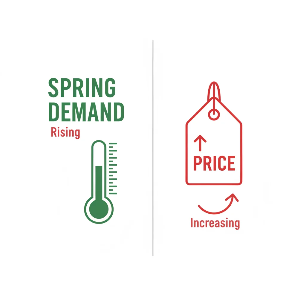 Infographic showing rising spring car buyer demand alongside rising new car prices from April through June
