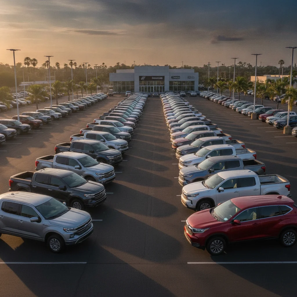 Large dealer lot filled with current-model-year SUVs and trucks awaiting clearance during autumn changeover season