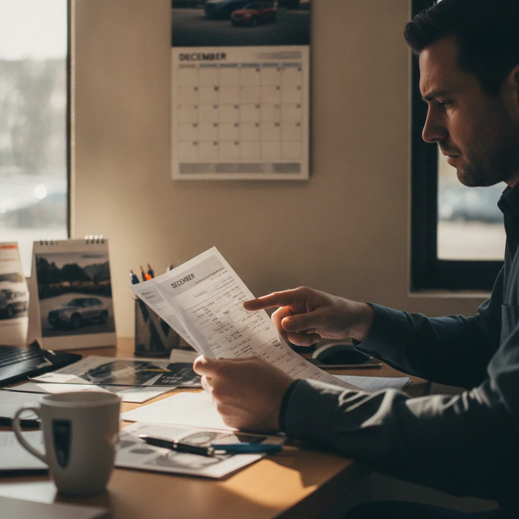 Car buyer reviewing purchase agreement paperwork at dealer desk in December with calendar visible on wall
