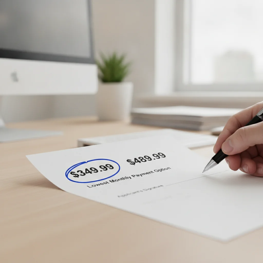 Close-up of two auto loan monthly payment options on a comparison document with a pen ready to sign