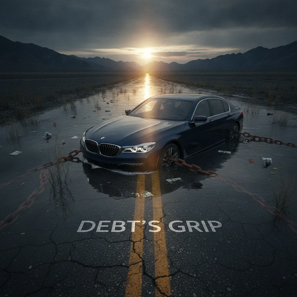 A car partially submerged in water as a visual metaphor for being underwater on an auto loan