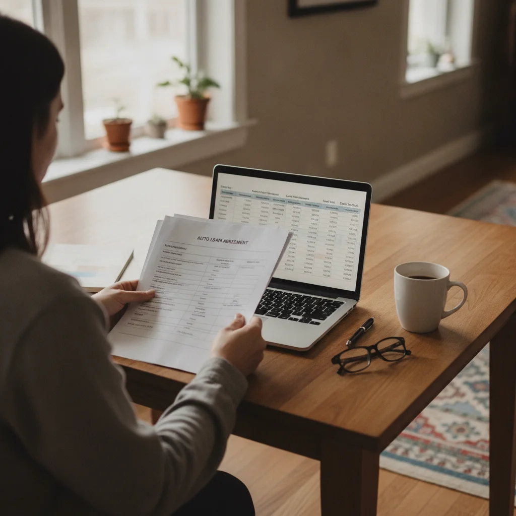 Person reviewing auto loan paperwork at a kitchen table while comparing terms on a laptop