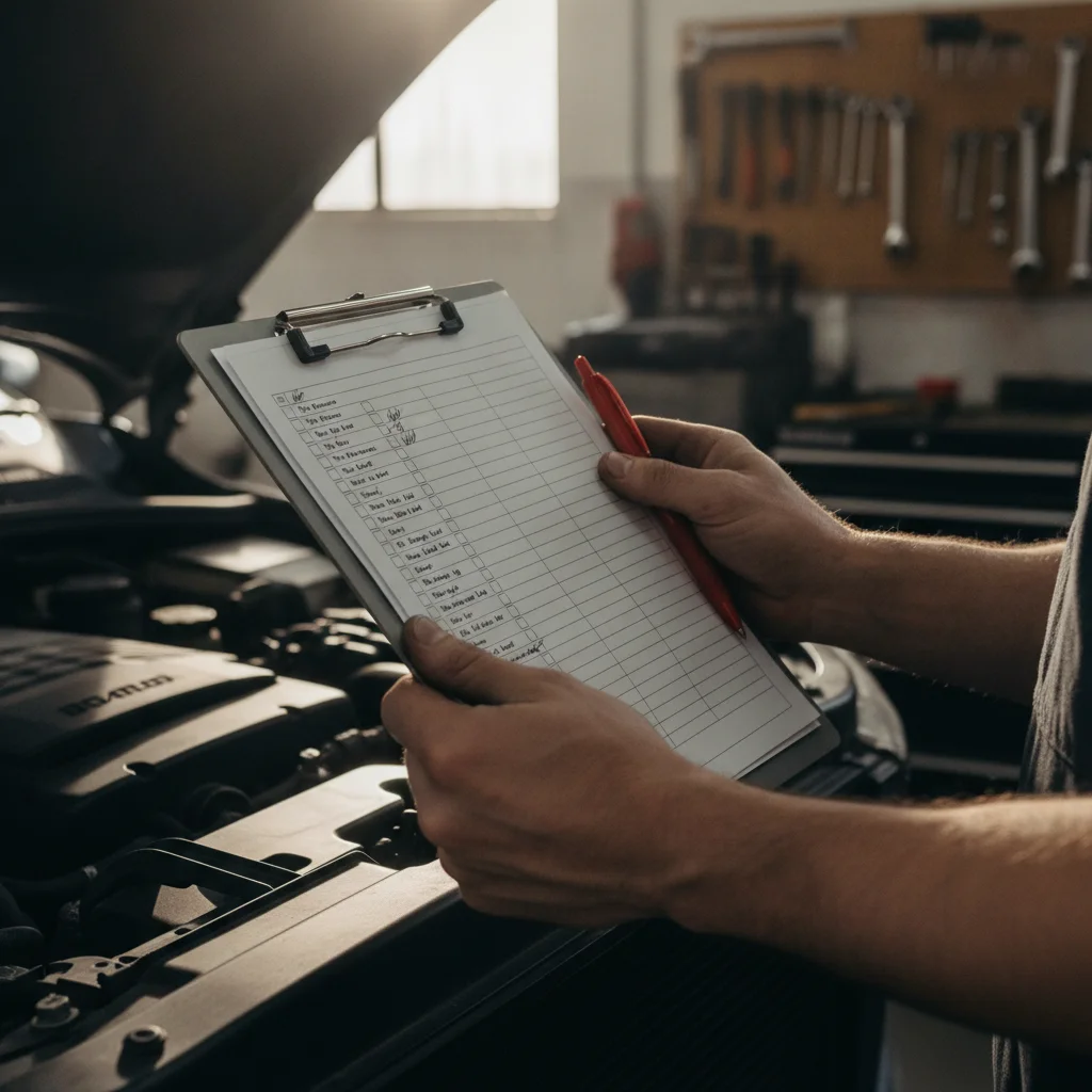 Mechanic holding a clipboard with a pre-purchase inspection checklist next to an open car hood