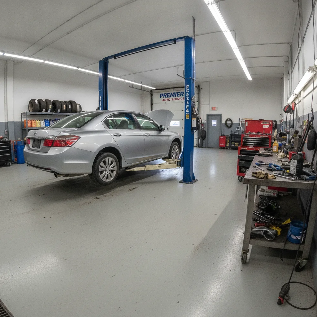Used car positioned in an independent auto repair shop bay on a hydraulic lift before inspection