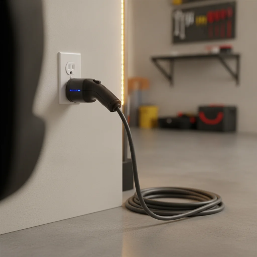 EV charging cable plugged into a standard 120-volt outlet on a clean garage wall