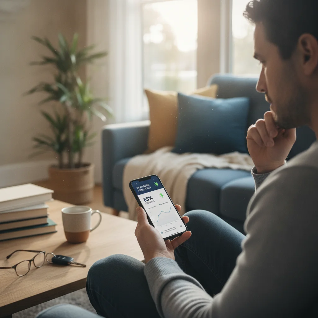 Person reviewing EV charging data on a smartphone app while seated at home