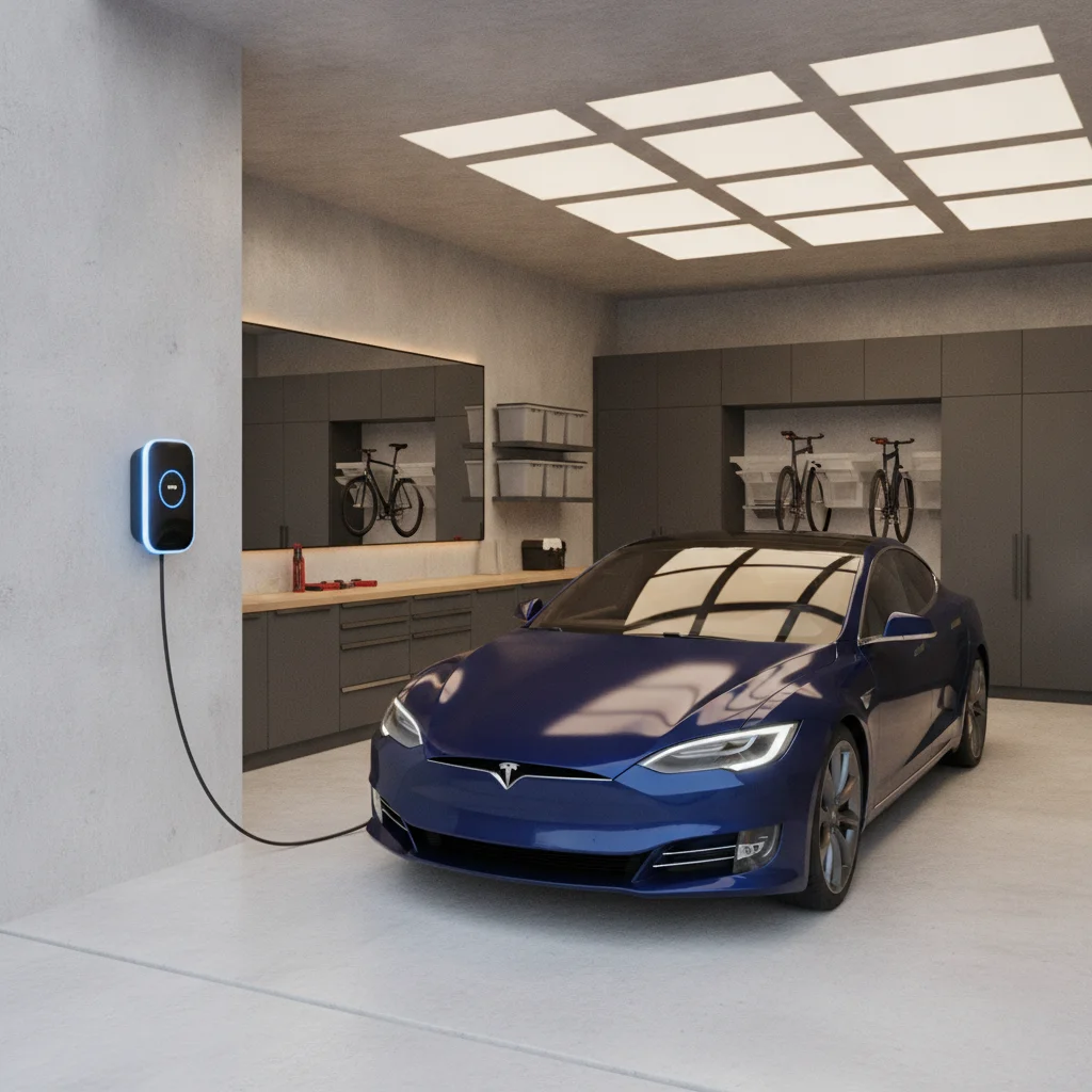 Wall-mounted Level 2 EV charging unit in a clean modern home garage