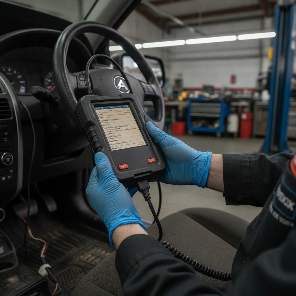 Automotive technician using an OBD-II scanner plugged into a car's diagnostic port under the dashboard