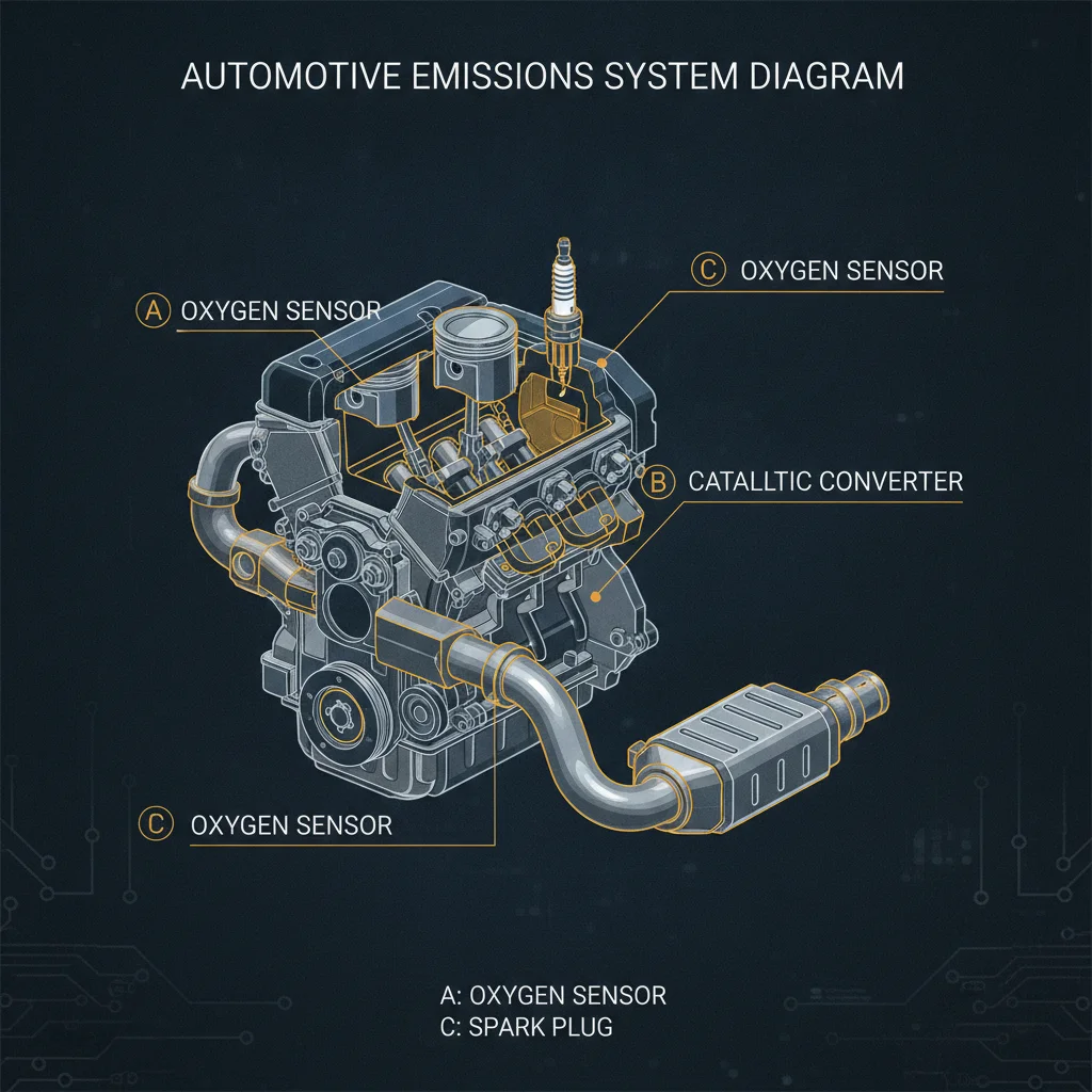 Engine diagram highlighting oxygen sensor, catalytic converter, and spark plug positions common to check engine light faults